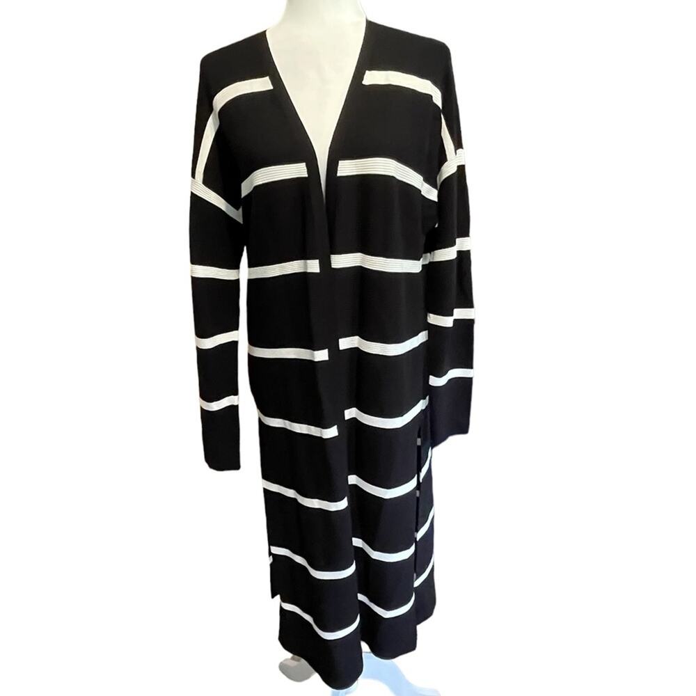 Lafayette 148 New York Size Medium Black White Stripe Long Knit Cardigan